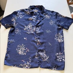 Zara Men's M Silky Satin Navy Floral Casual Button-Down Shirt